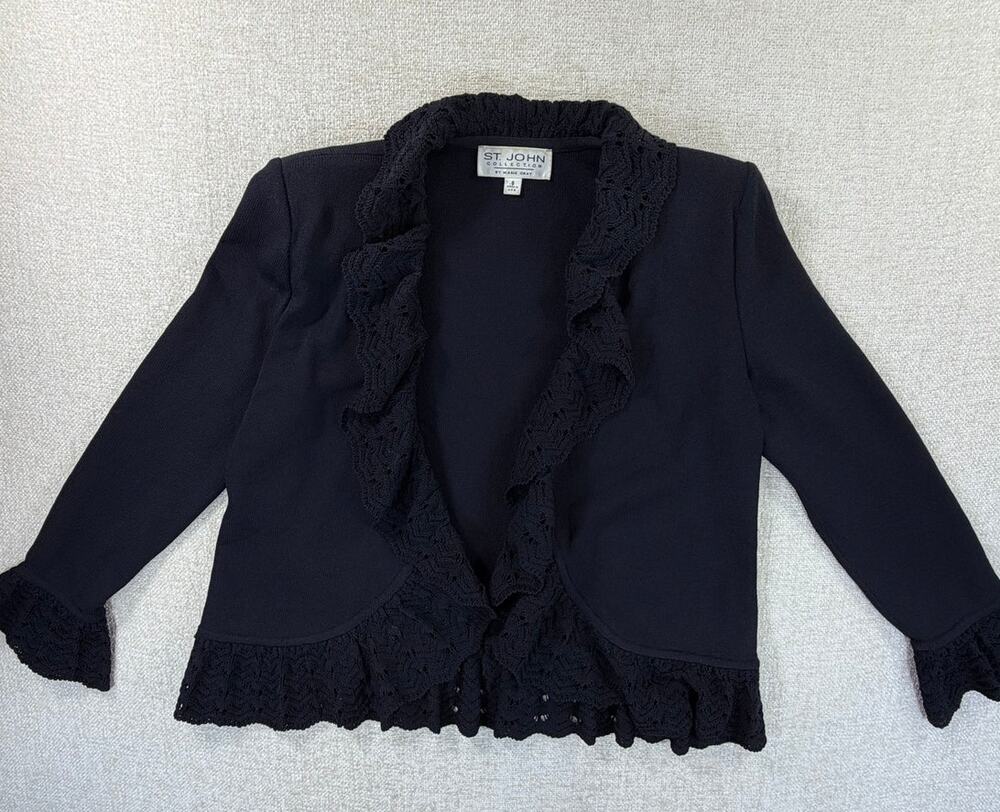 St. John Collection Women's 8 Black Lace Open Front Long Sleeve Cardigan Sweater